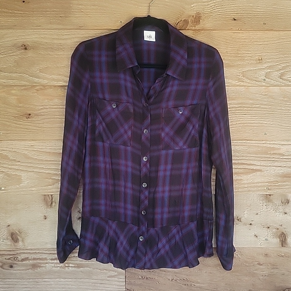 CAbi Medium Blue, Black, and Maroon Plaid Peplum Button Front Shirt